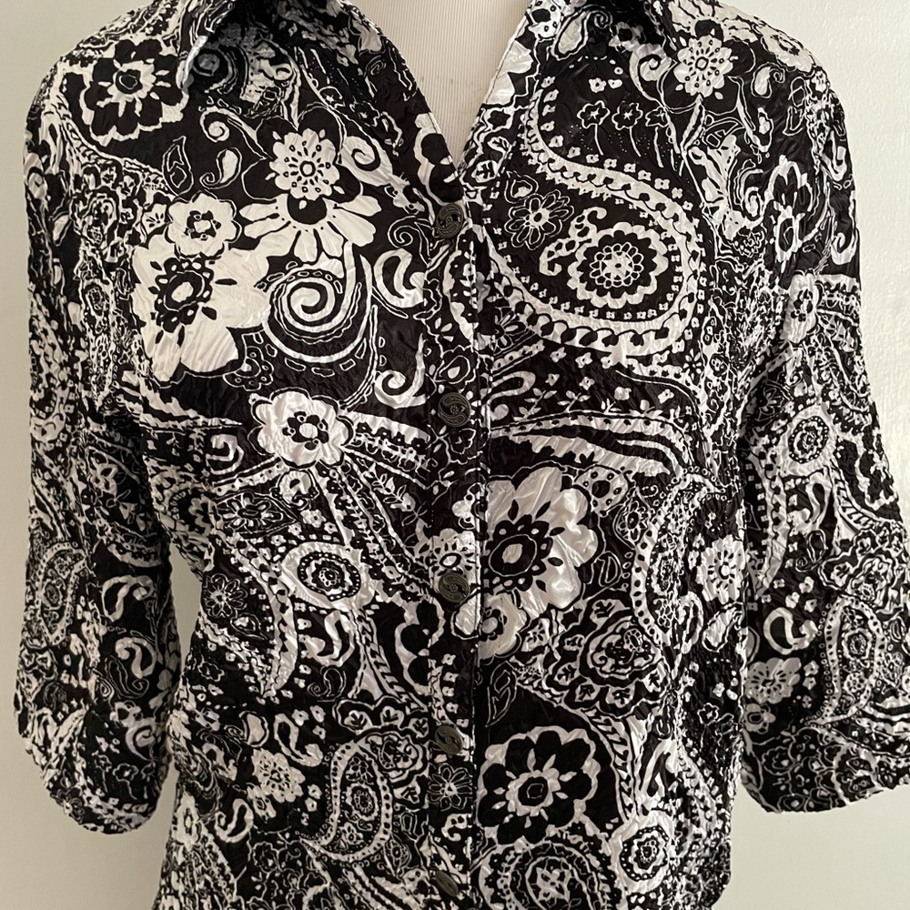Black and White Button Down Shirt with Notched Collar